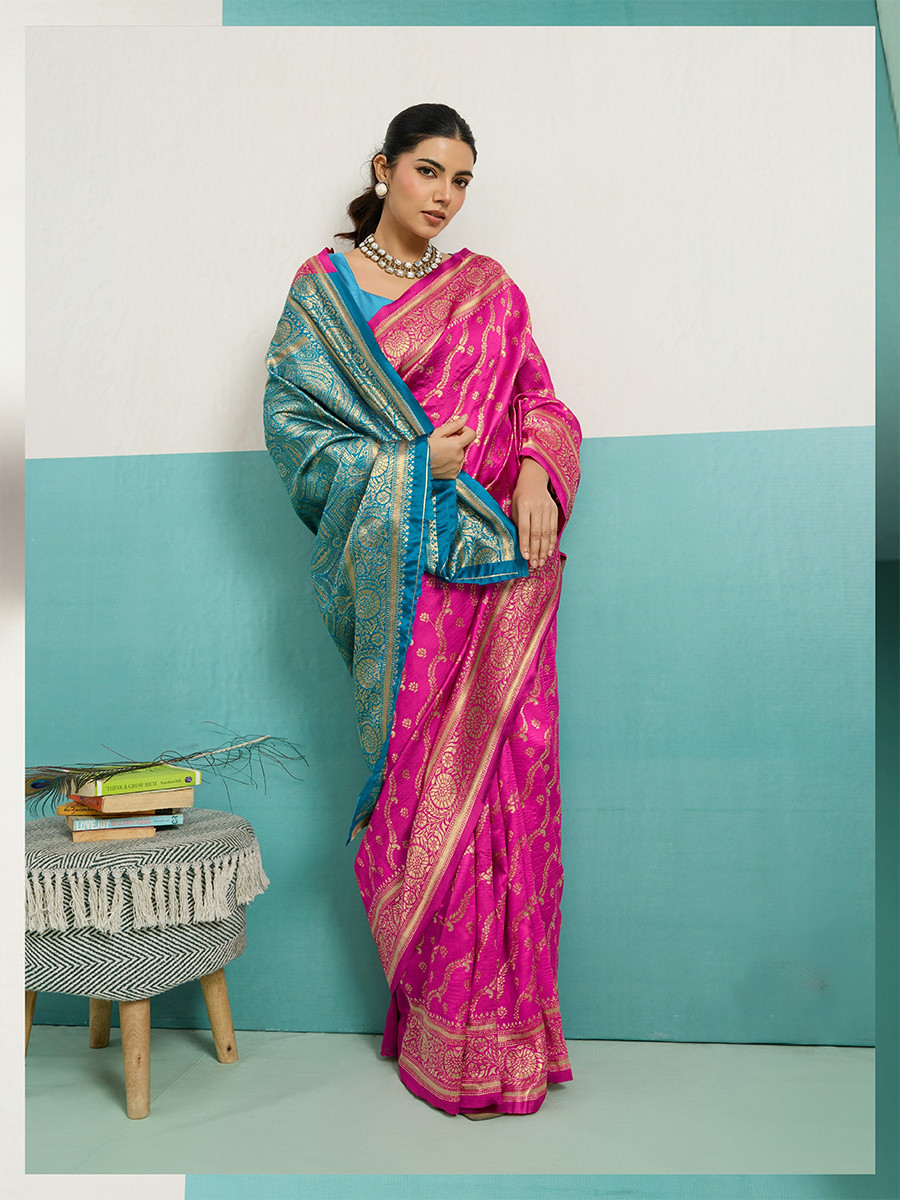 Pink Banarasi Silk Zari Kanjivaram Handwoven Wedding Party Festival Reception Heavy Border Saree