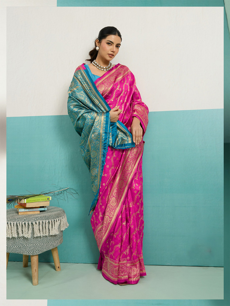 Image of Pink Banarasi Silk Zari Kanjivaram Handwoven Wedding Party Festival Reception Heavy Border Saree