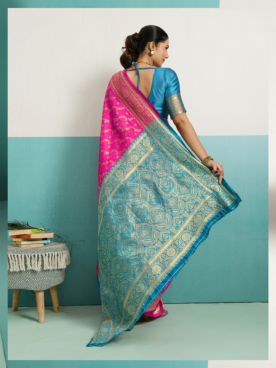 Pink Banarasi Silk Zari Kanjivaram Handwoven Wedding Party Festival Reception Heavy Border Saree