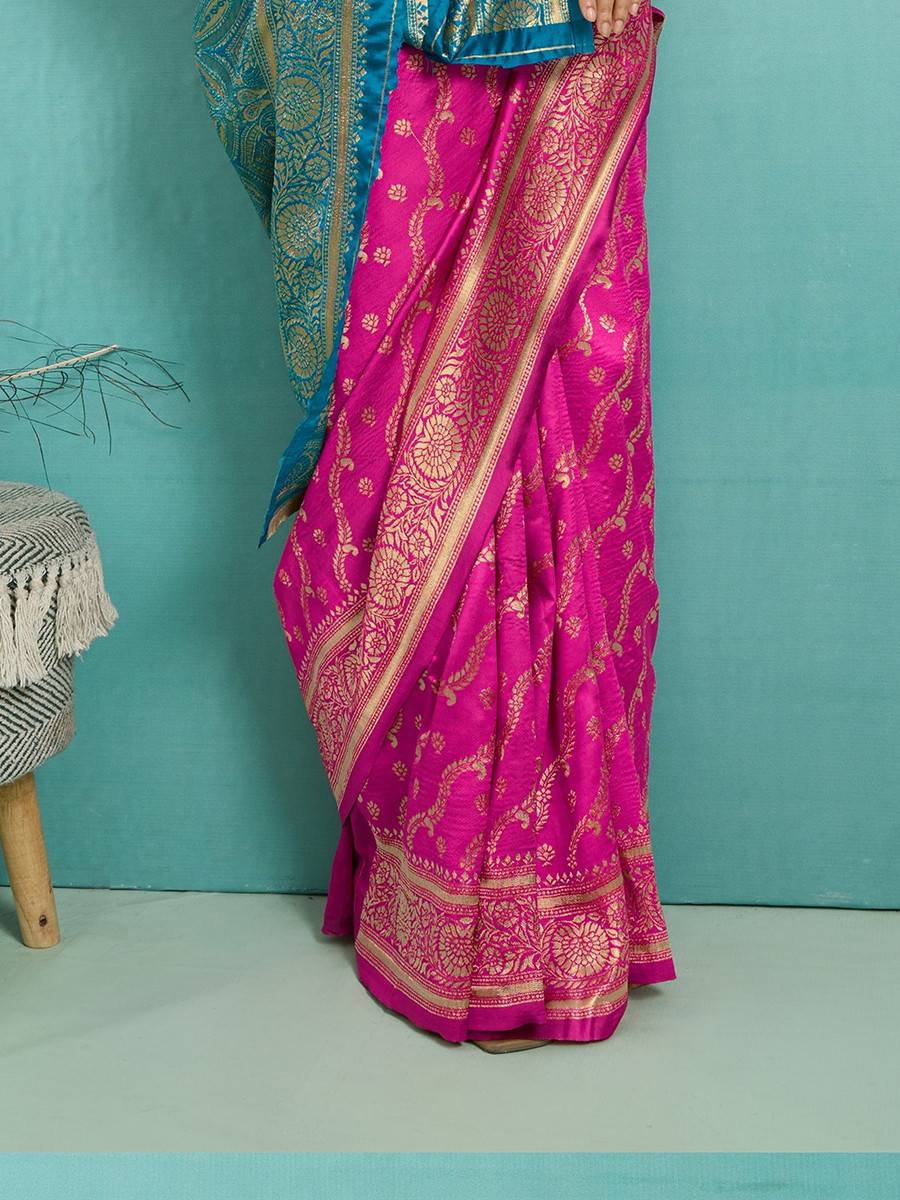 Pink Banarasi Silk Zari Kanjivaram Handwoven Wedding Party Festival Reception Heavy Border Saree