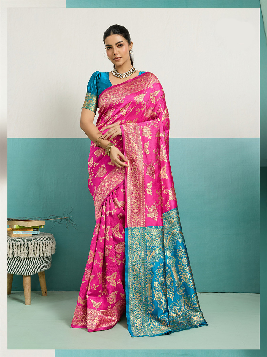 Pink Banarasi Silk Zari Kanjivaram Handwoven Wedding Party Festival Reception Heavy Border Saree