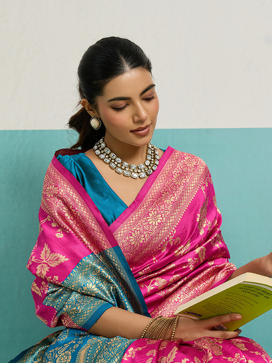 Pink Banarasi Silk Zari Kanjivaram Handwoven Wedding Party Festival Reception Heavy Border Saree