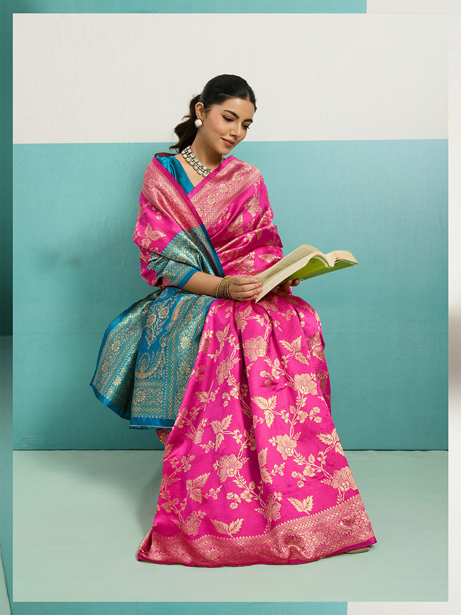 Pink Banarasi Silk Zari Kanjivaram Handwoven Wedding Party Festival Reception Heavy Border Saree