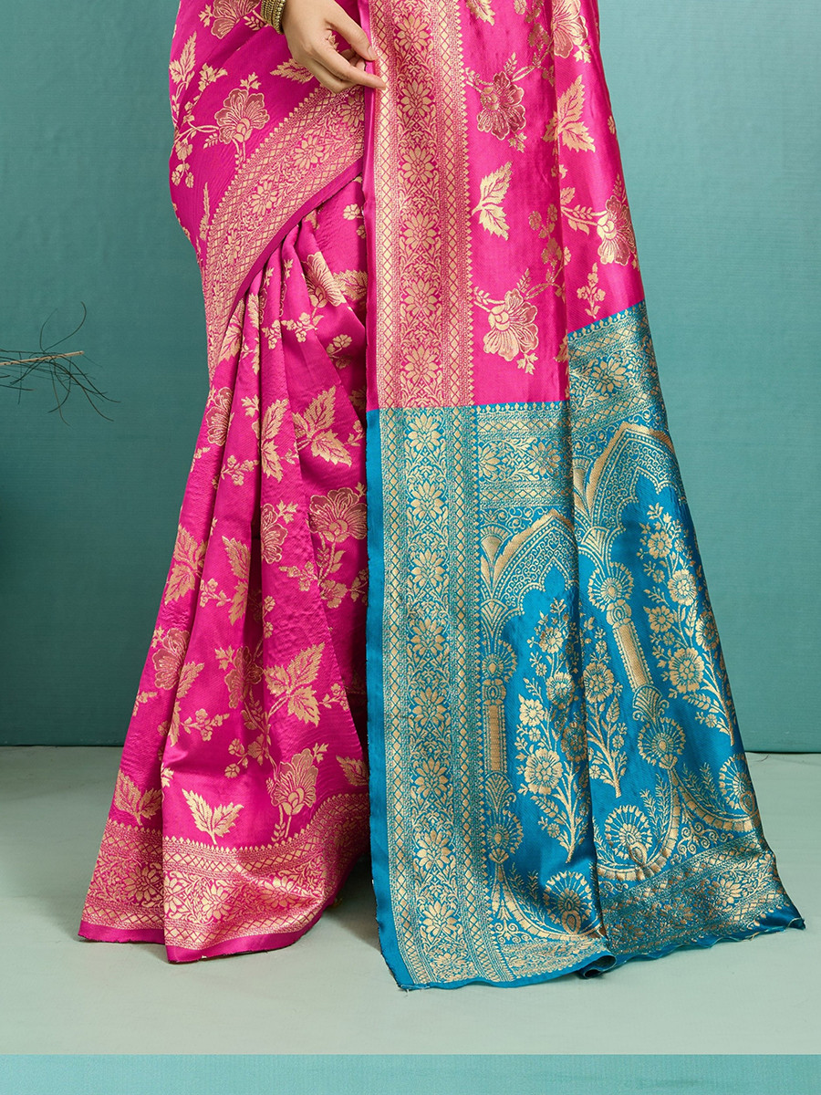 Pink Banarasi Silk Zari Kanjivaram Handwoven Wedding Party Festival Reception Heavy Border Saree