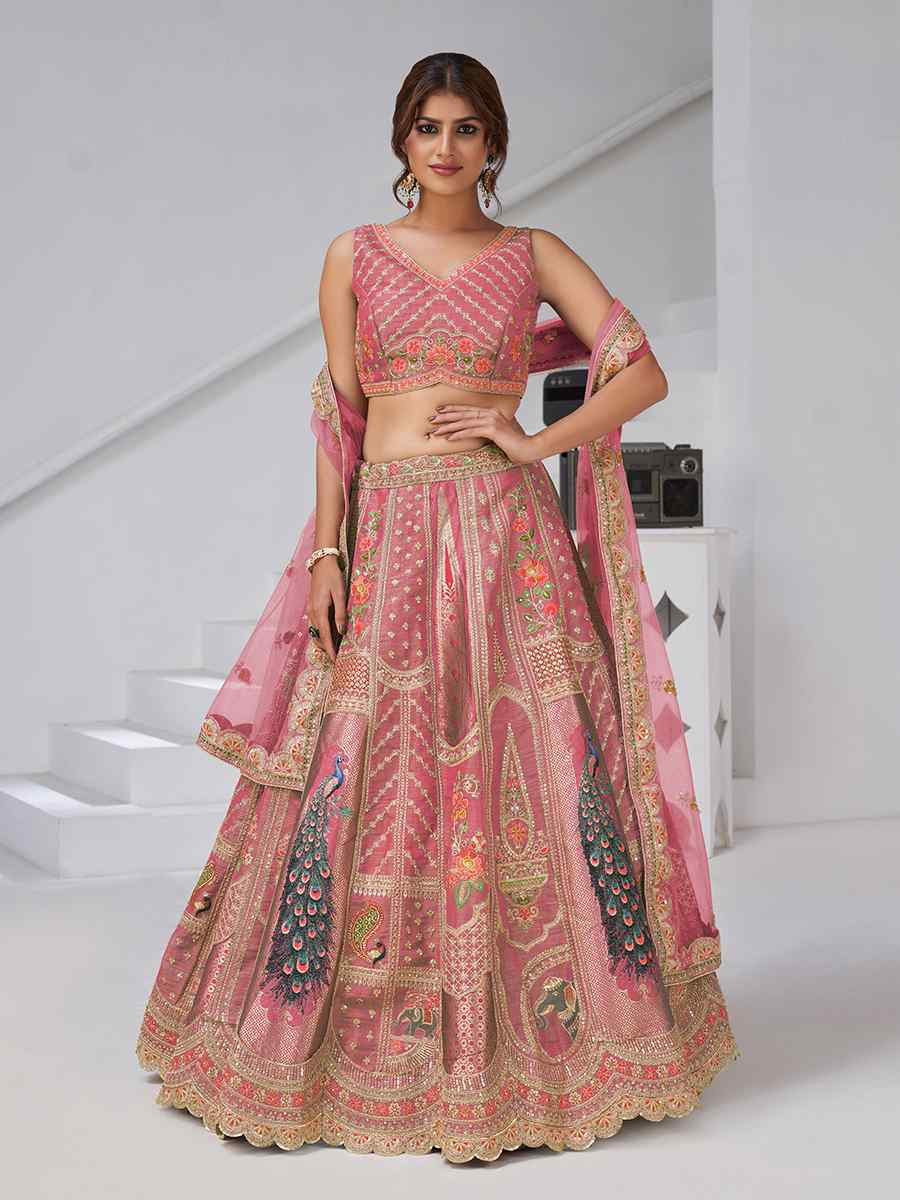 Pink Banarsi Silk Embroidered Wedding Reception Festival Heavy Border Lehenga Choli