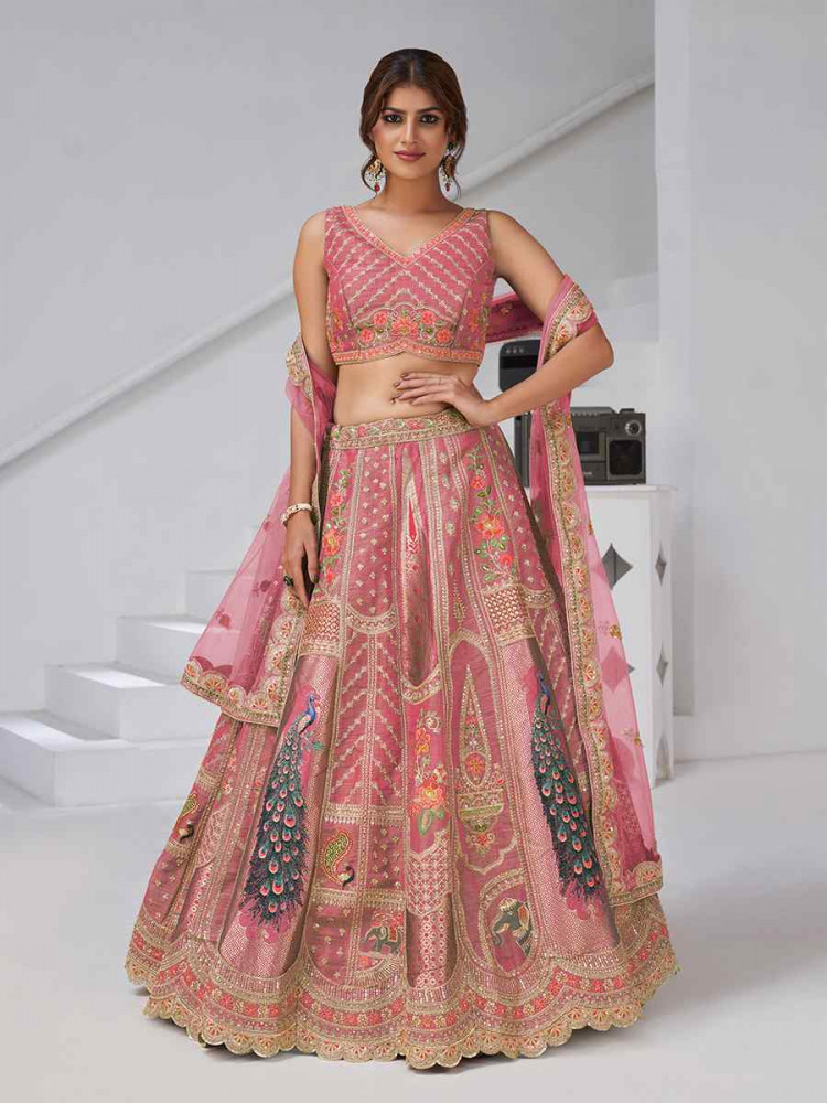 Image of Pink Banarsi Silk Embroidered Wedding Reception Festival Heavy Border Lehenga Choli
