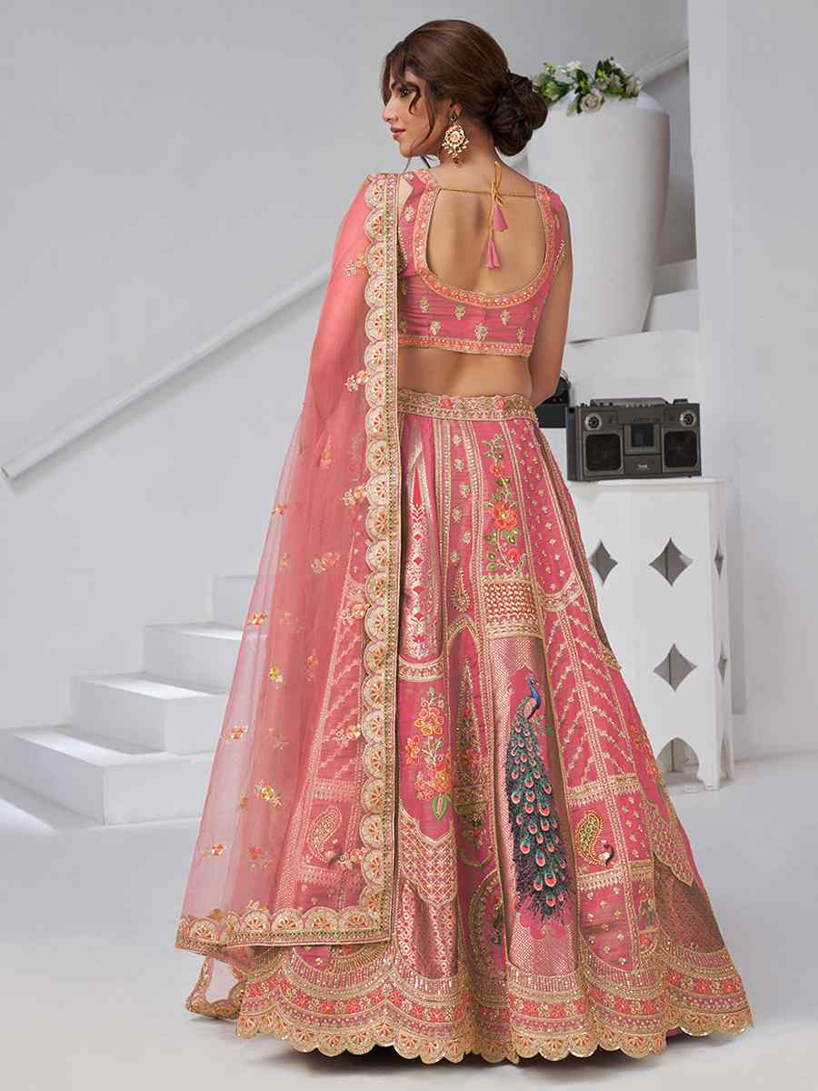 Pink Banarsi Silk Embroidered Wedding Reception Festival Heavy Border Lehenga Choli