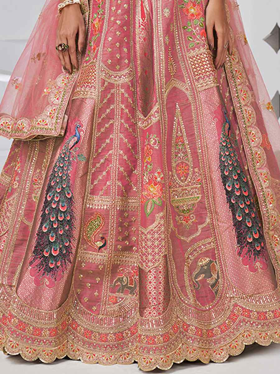Pink Banarsi Silk Embroidered Wedding Reception Festival Heavy Border Lehenga Choli
