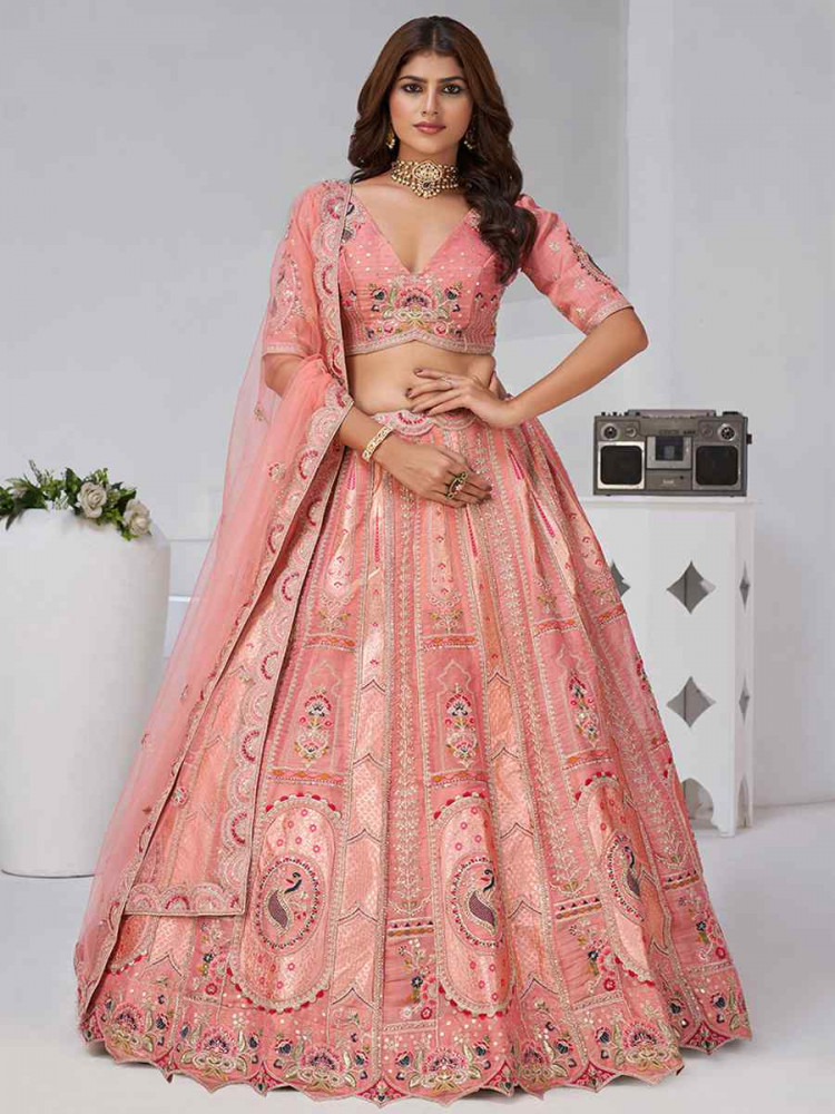 Image of Pink Banarsi Silk Embroidered Wedding Reception Festival Heavy Border Lehenga Choli