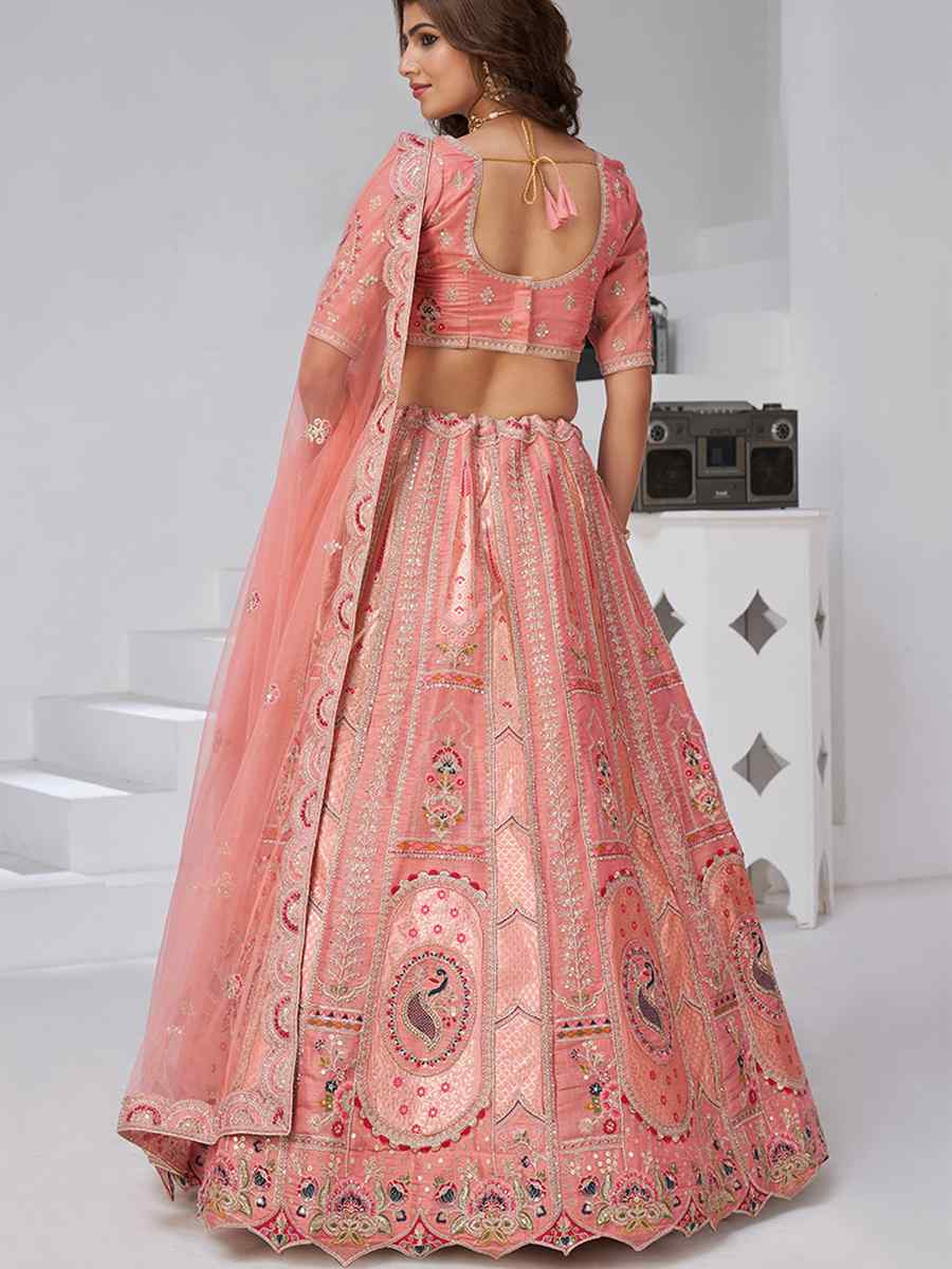 Pink Banarsi Silk Embroidered Wedding Reception Festival Heavy Border Lehenga Choli