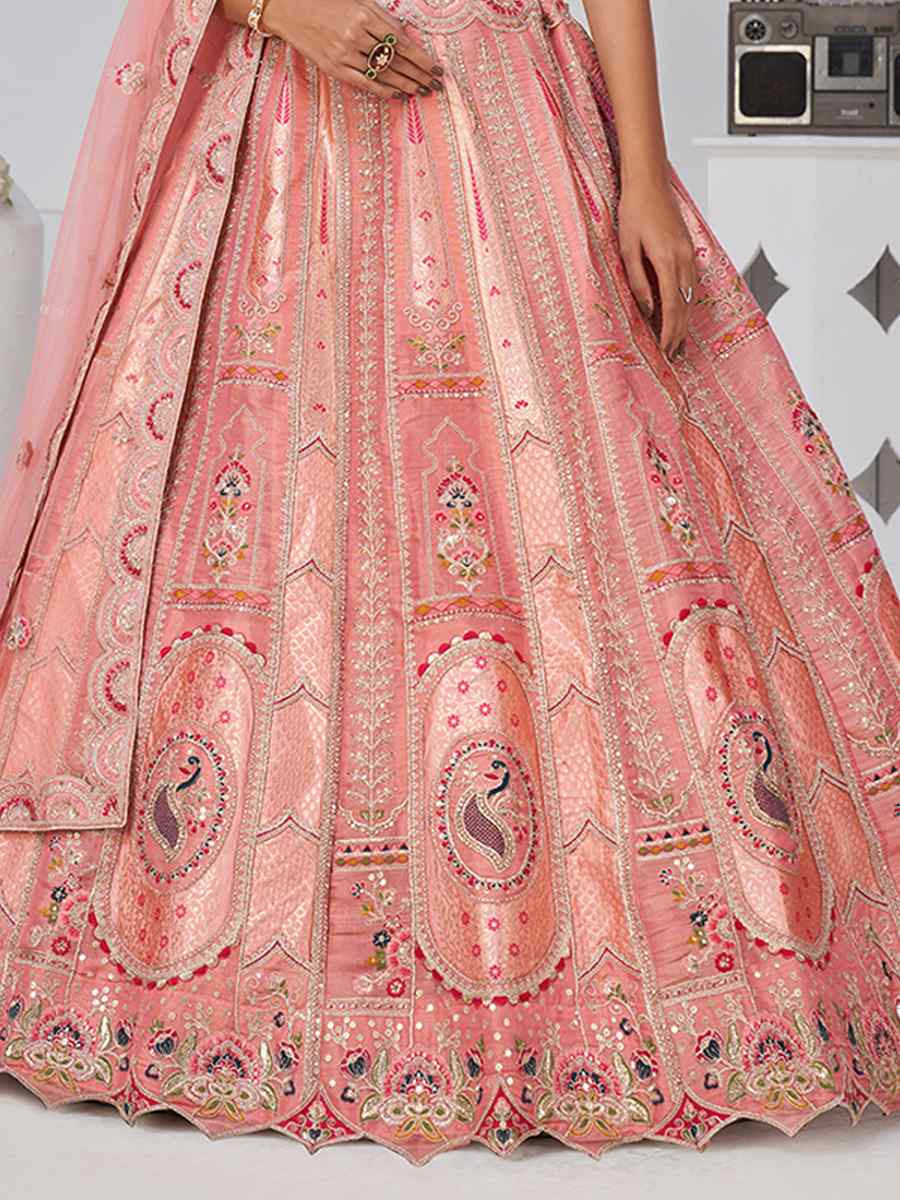 Pink Banarsi Silk Embroidered Wedding Reception Festival Heavy Border Lehenga Choli