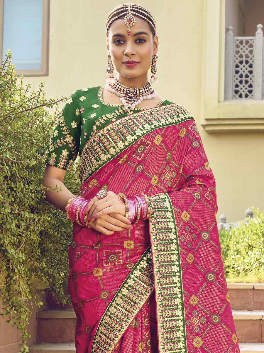 Pink Bandhej Patola Pure Silk Embroidered Wedding Festival Heavy Border Saree