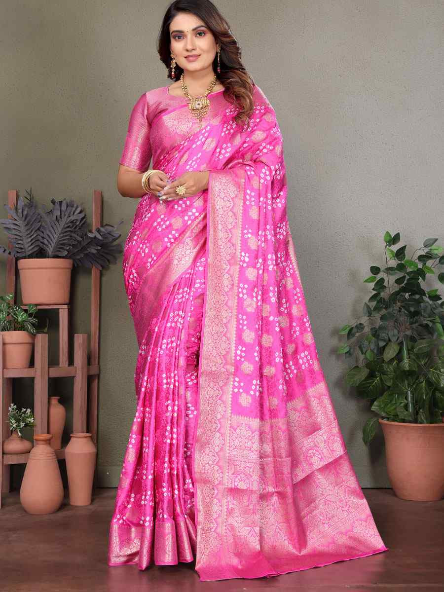 Pink Bandhej Silk Handwoven Traditional Bridal Reception Festival Wedding Fancy Heavy Border Saree