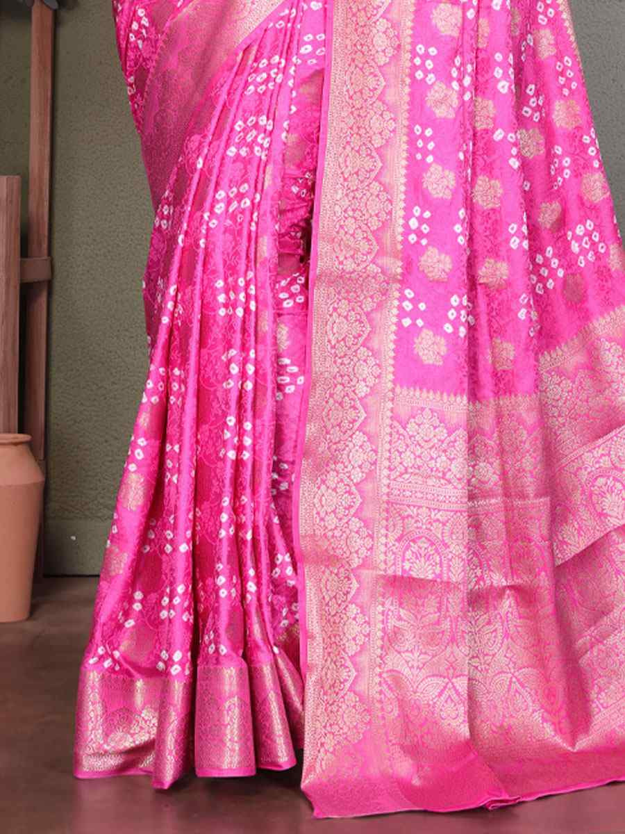 Pink Bandhej Silk Handwoven Traditional Bridal Reception Festival Wedding Fancy Heavy Border Saree