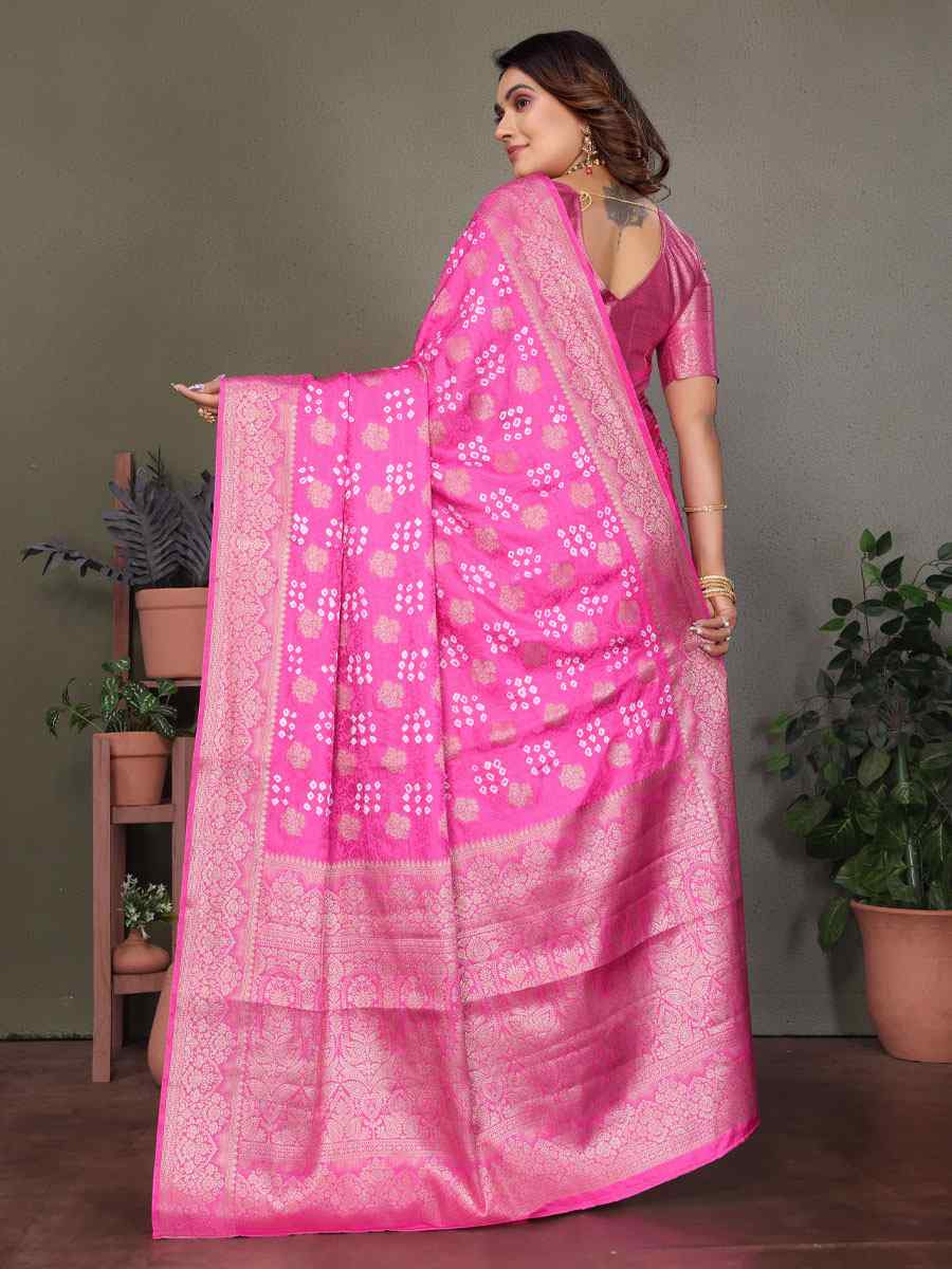 Pink Bandhej Silk Handwoven Traditional Bridal Reception Festival Wedding Fancy Heavy Border Saree