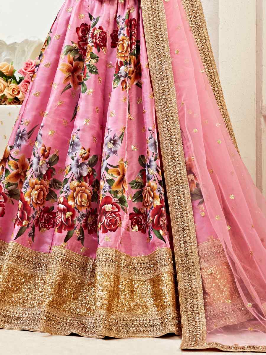 Pink Banglori Satin Embroidered Festival Wedding Heavy Border Lehenga Choli