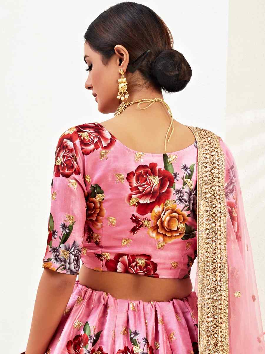 Pink Banglori Satin Embroidered Festival Wedding Heavy Border Lehenga Choli