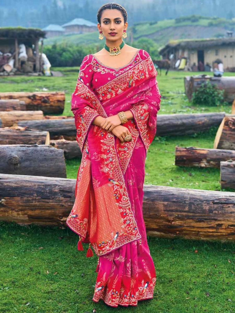 Pink Banglory Silk Embroidered Bridesmaid Reception Heavy Border Saree