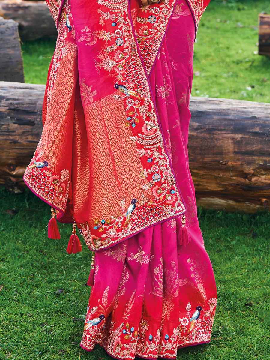 Pink Banglory Silk Embroidered Bridesmaid Reception Heavy Border Saree