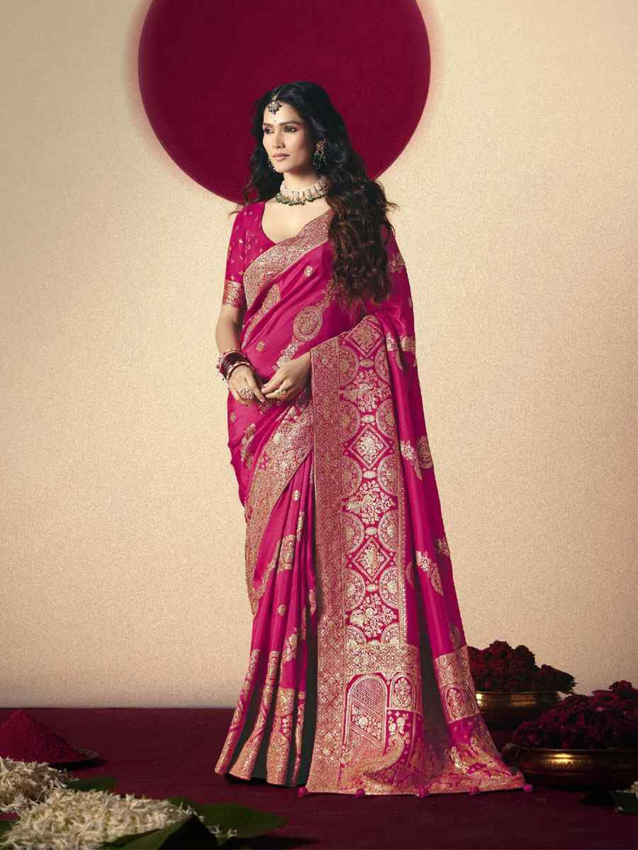 Pink Bemberg Viscose Handwoven Zari Work Traditional Bridal Reception Festival Wedding Fancy Heavy Border Saree
