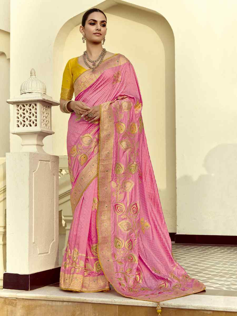 Pink Black Viscose Handwoven Festival Wedding Fancy Heavy Border Saree