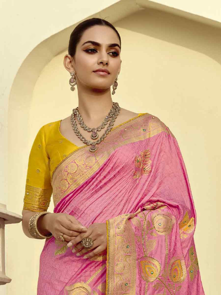 Pink Black Viscose Handwoven Festival Wedding Fancy Heavy Border Saree