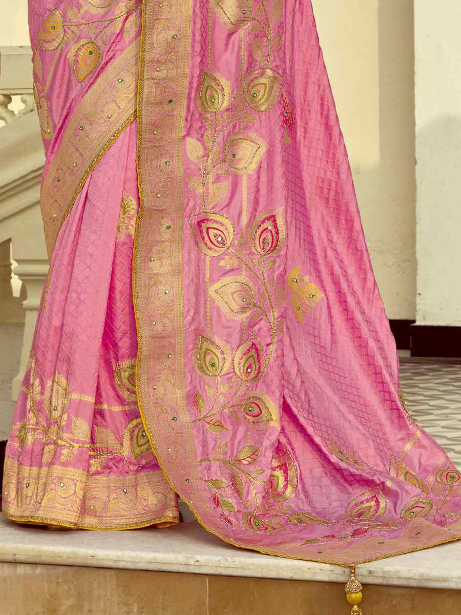 Pink Black Viscose Handwoven Festival Wedding Fancy Heavy Border Saree