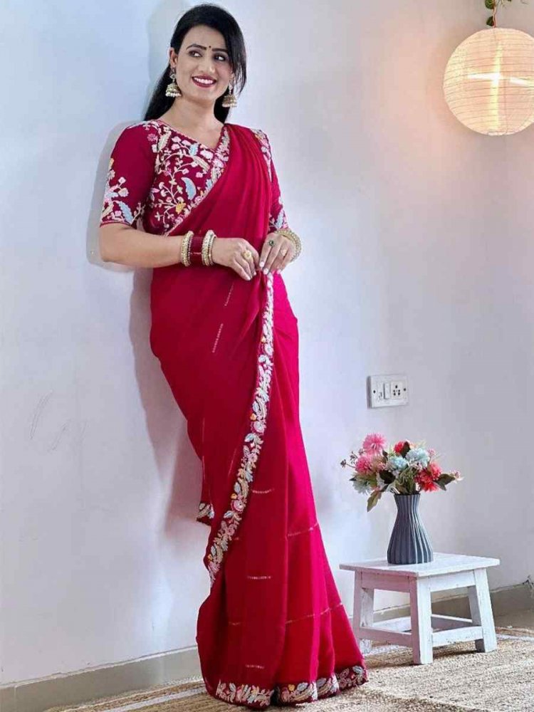 Pink Blooming Rangoli Embroidered Party Cocktail Classic Style Saree