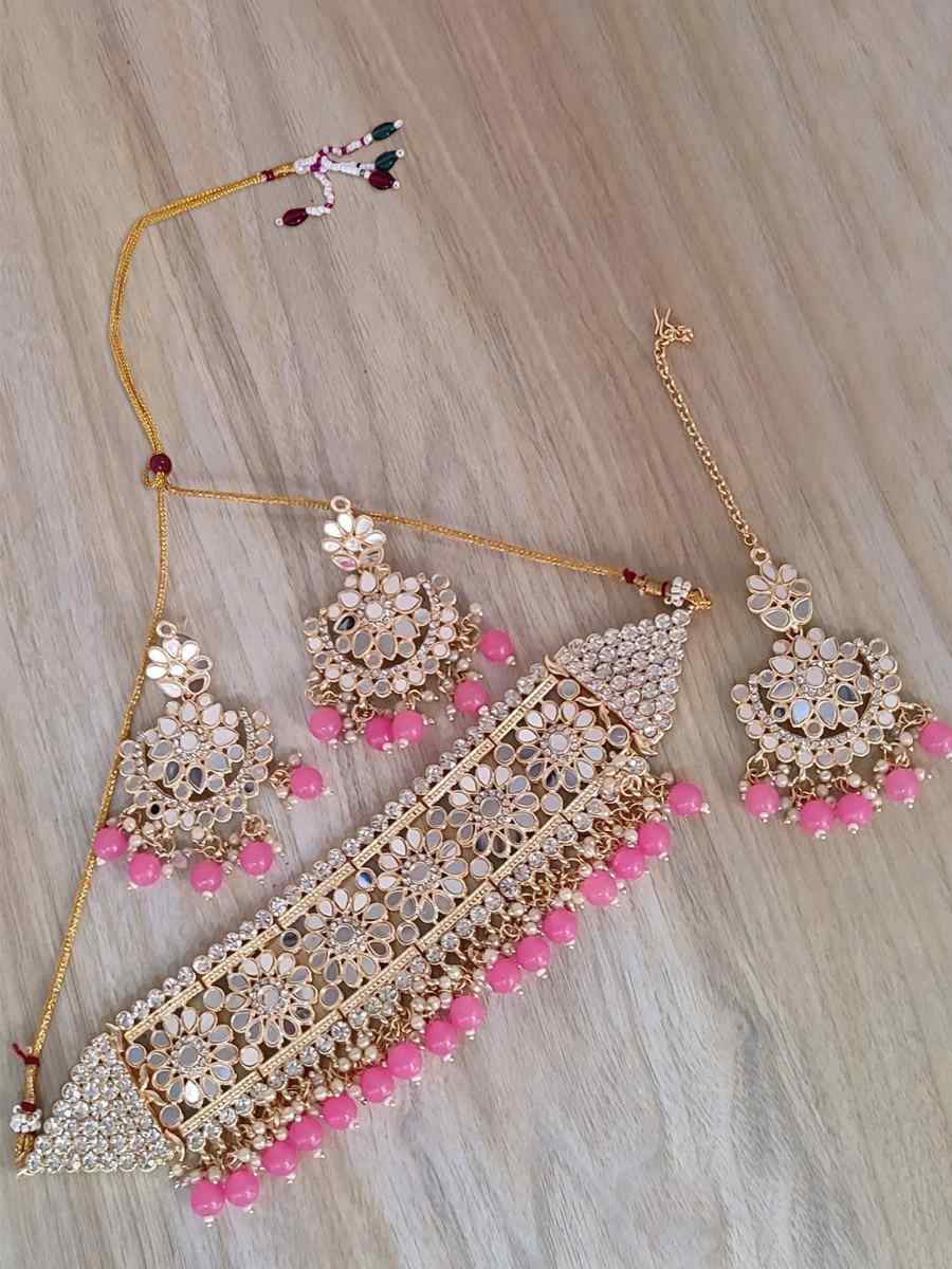 Pink Brass Bridal Wear Kundan Necklace