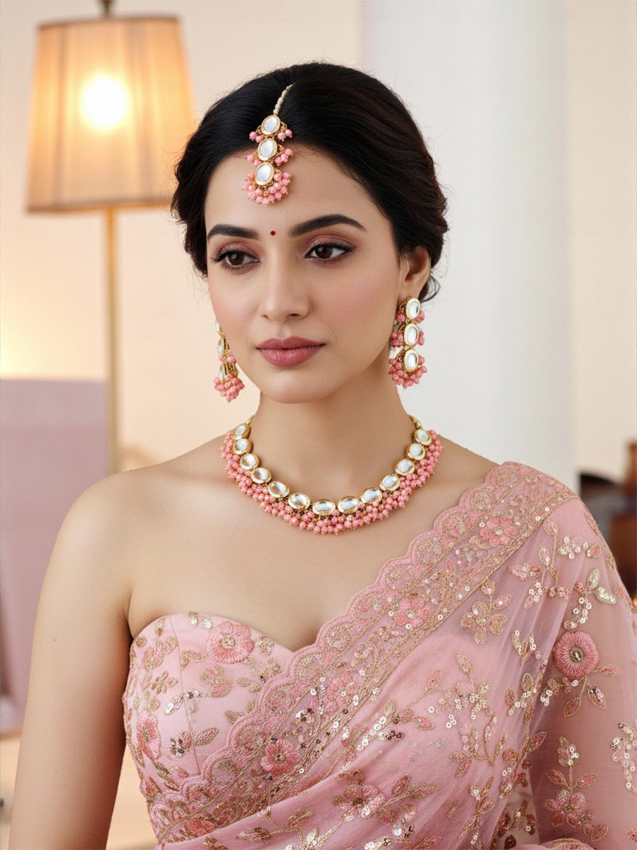 Pink Brass Wedding Party Festival Wear Kundan Necklace