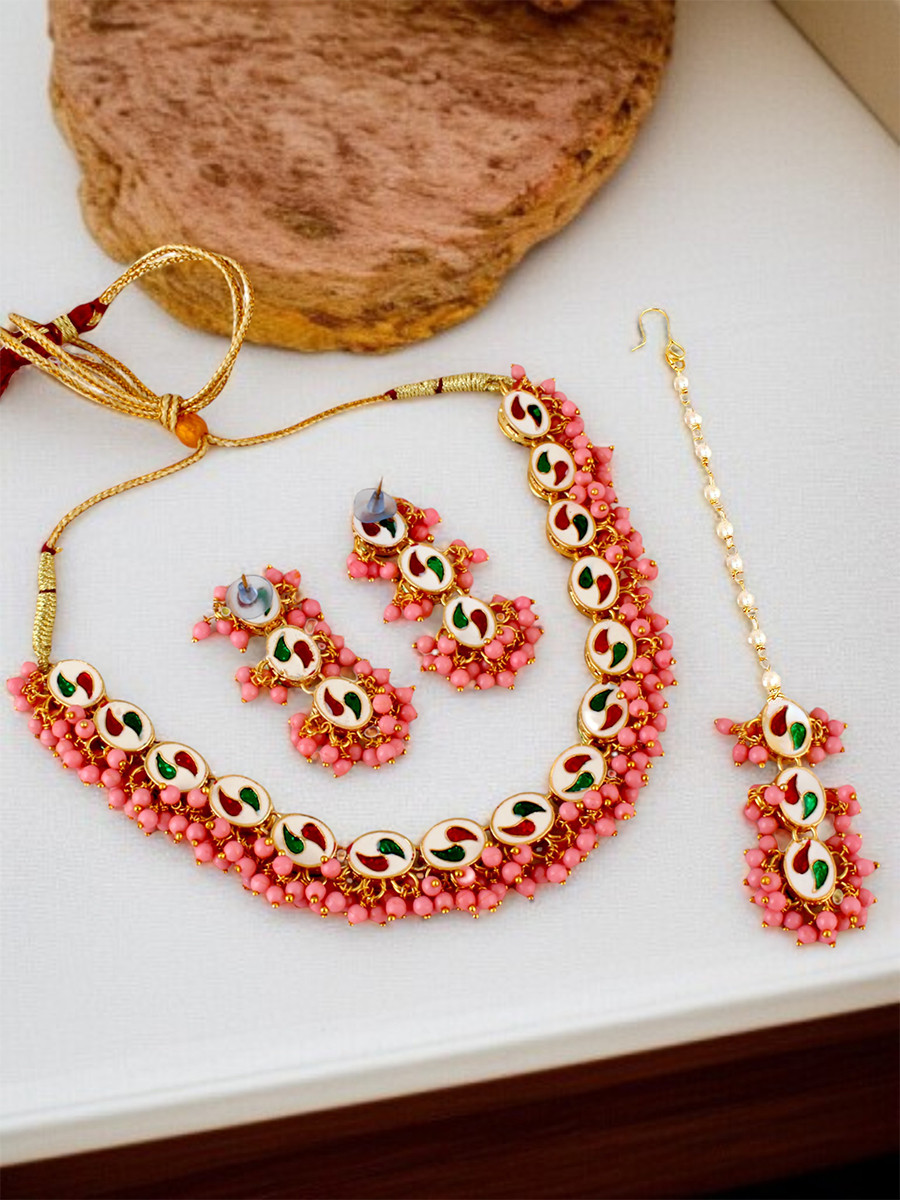 Pink Brass Wedding Party Festival Wear Kundan Necklace