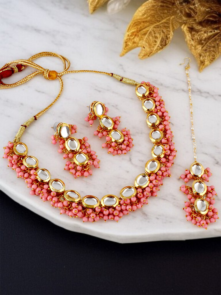 Pink Brass Wedding Party Festival Wear Kundan Necklace