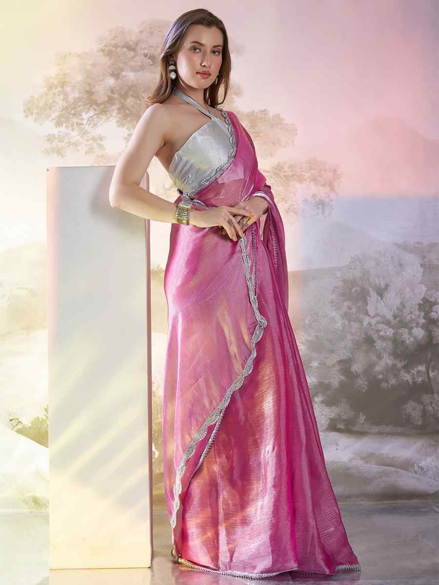 Pink Burberry Organza Solid Casual Festival Classic Style Saree