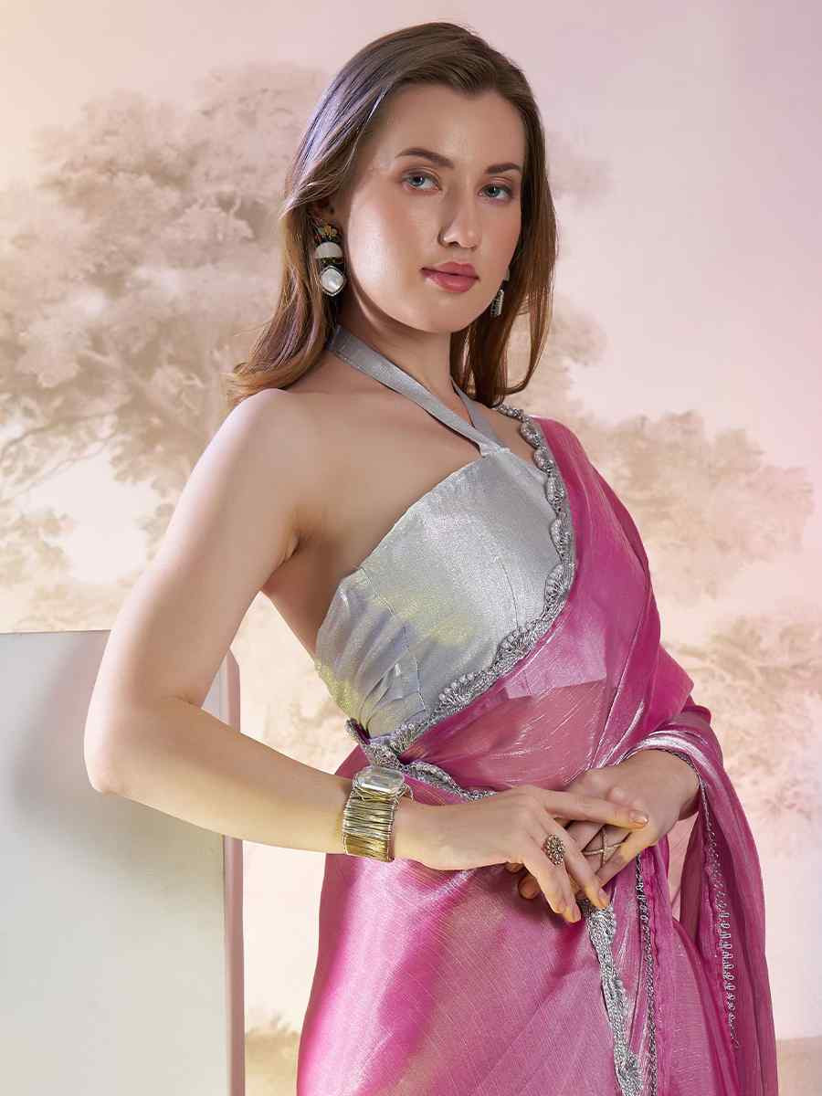Pink Burberry Organza Solid Casual Festival Classic Style Saree