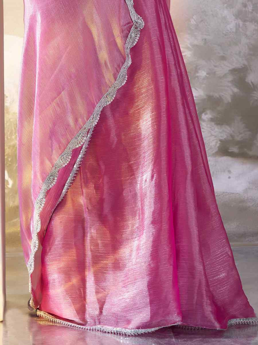 Pink Burberry Organza Solid Casual Festival Classic Style Saree