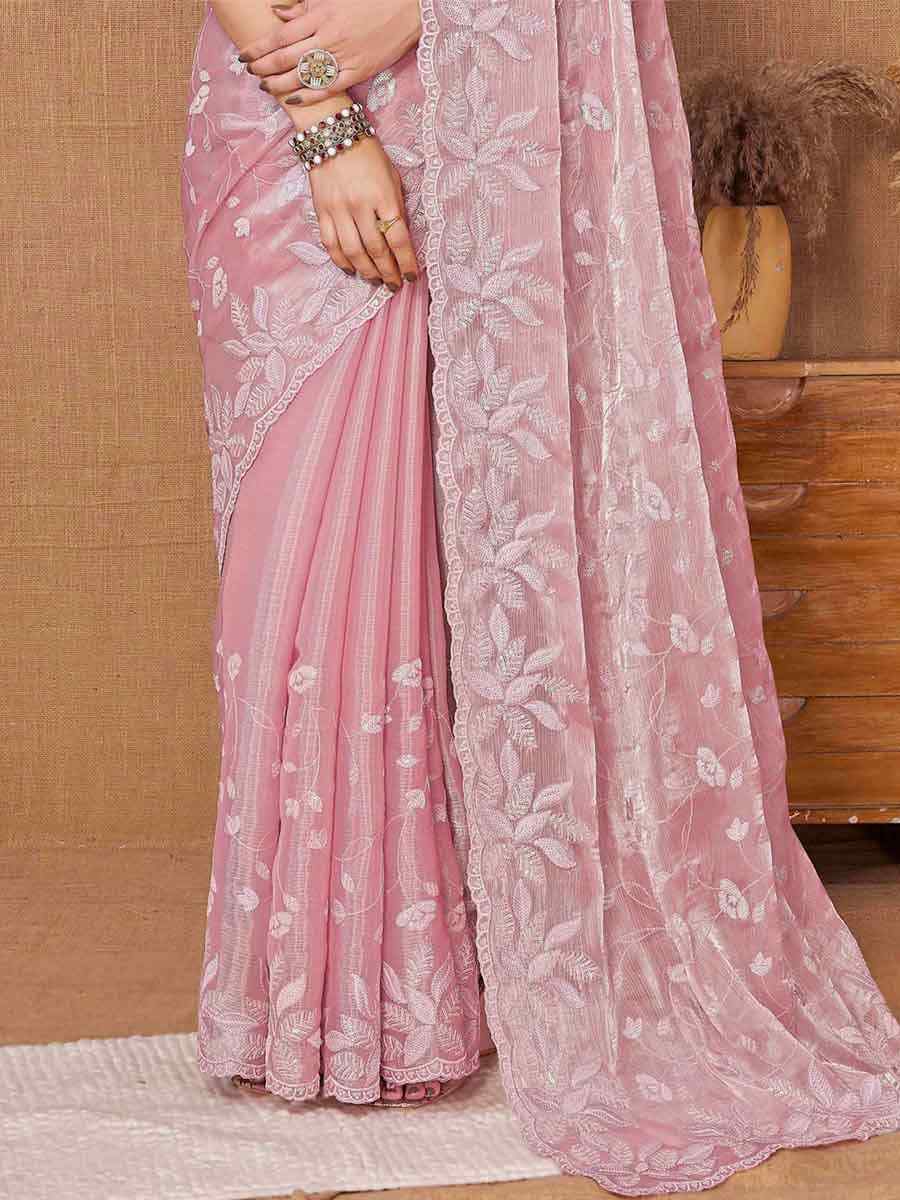 Pink Burberry Silk Embroidered Festival Wedding Heavy Border Saree