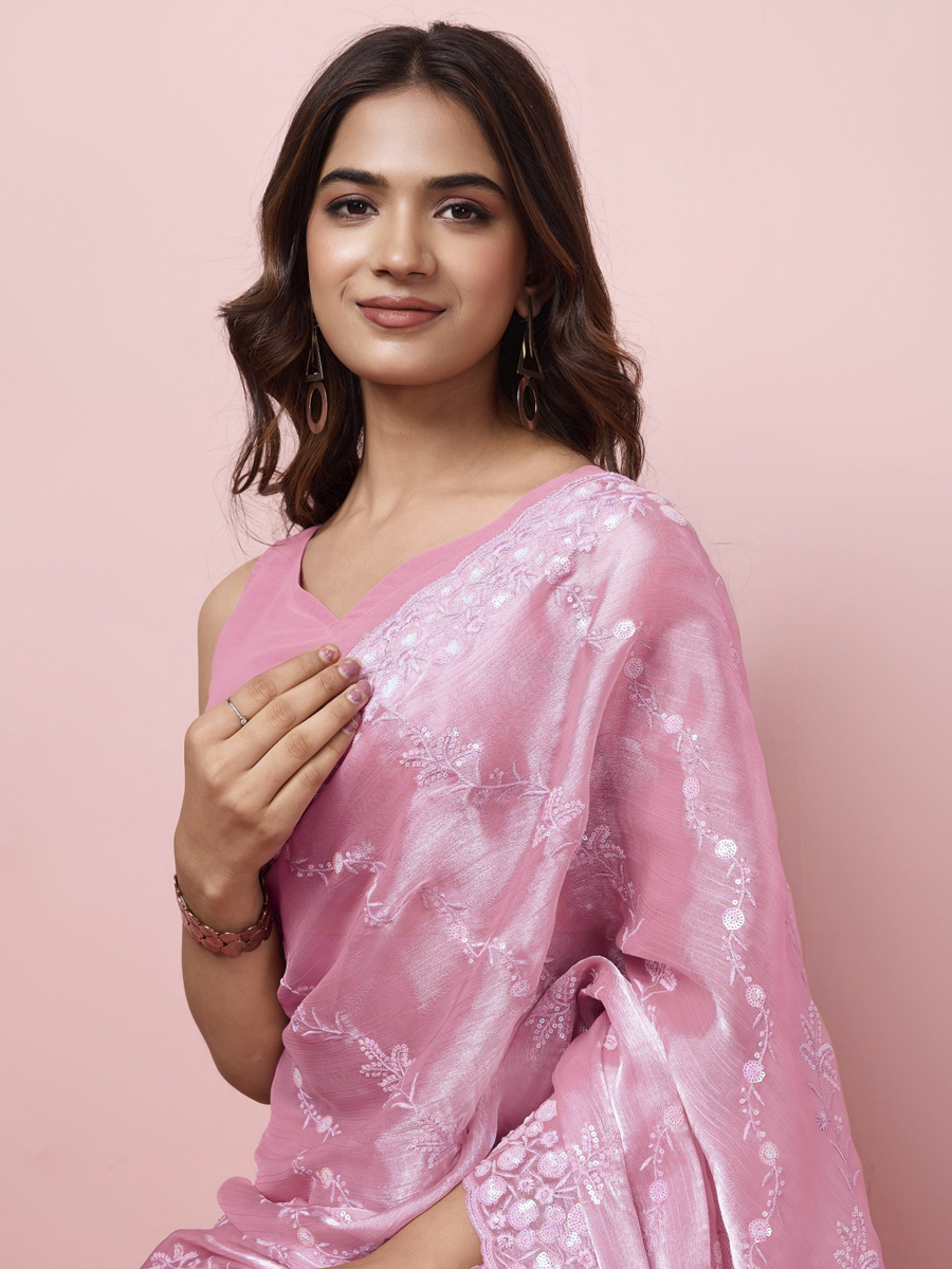 Pink Burberry Silk Embroidered Reception Party Heavy Border Saree