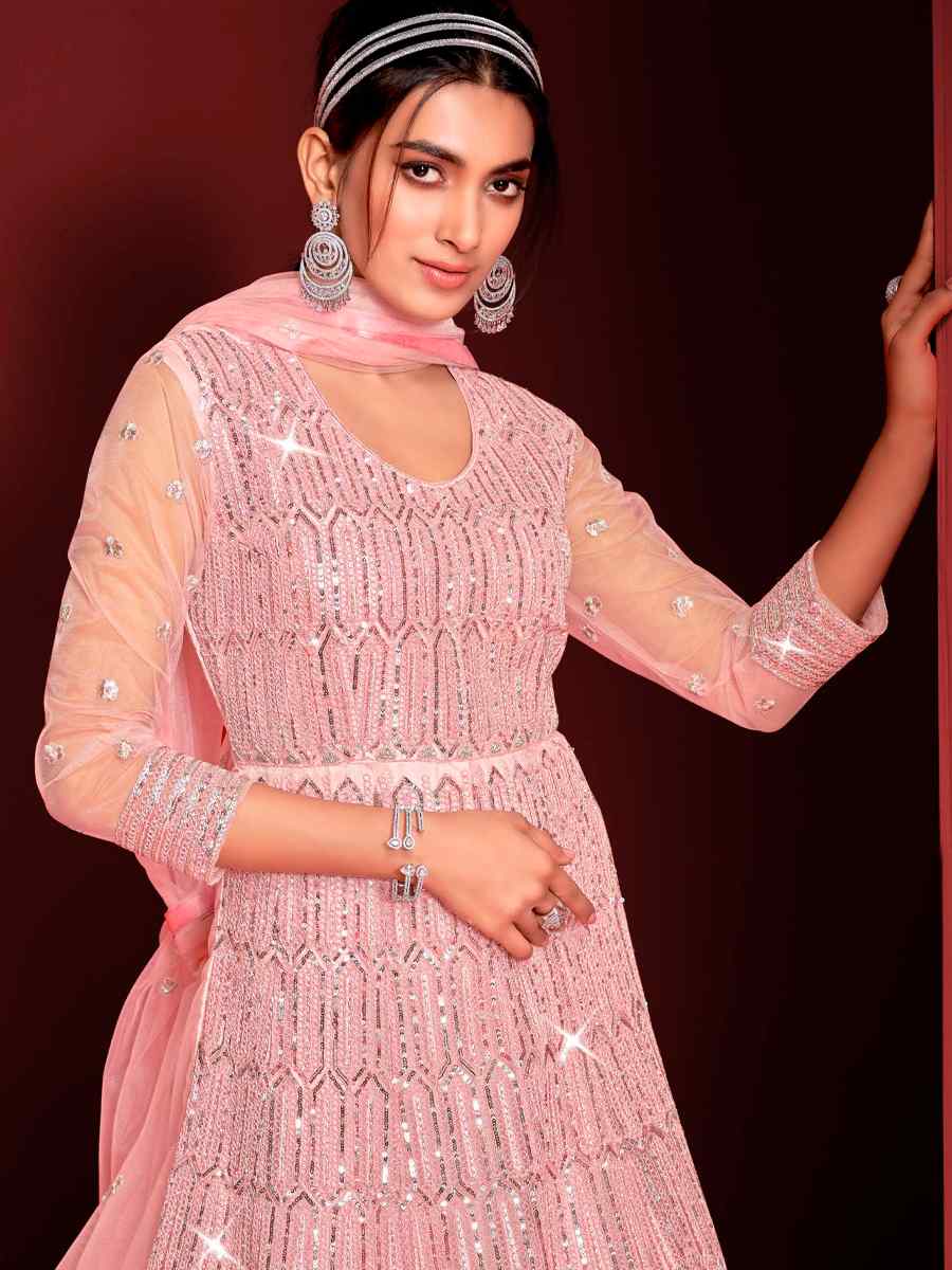 Pink Buterfly Net Embroidered Wedding Festival Anarkali Salwar Kameez