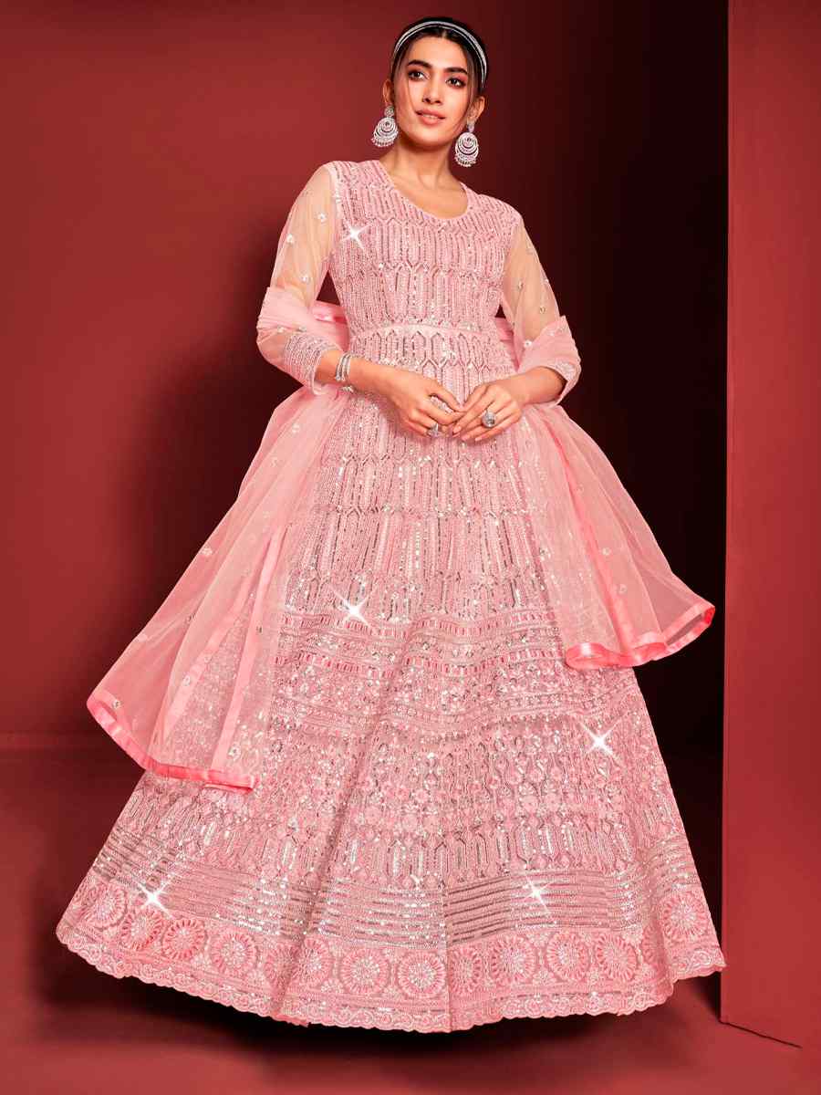Pink Buterfly Net Embroidered Wedding Festival Anarkali Salwar Kameez