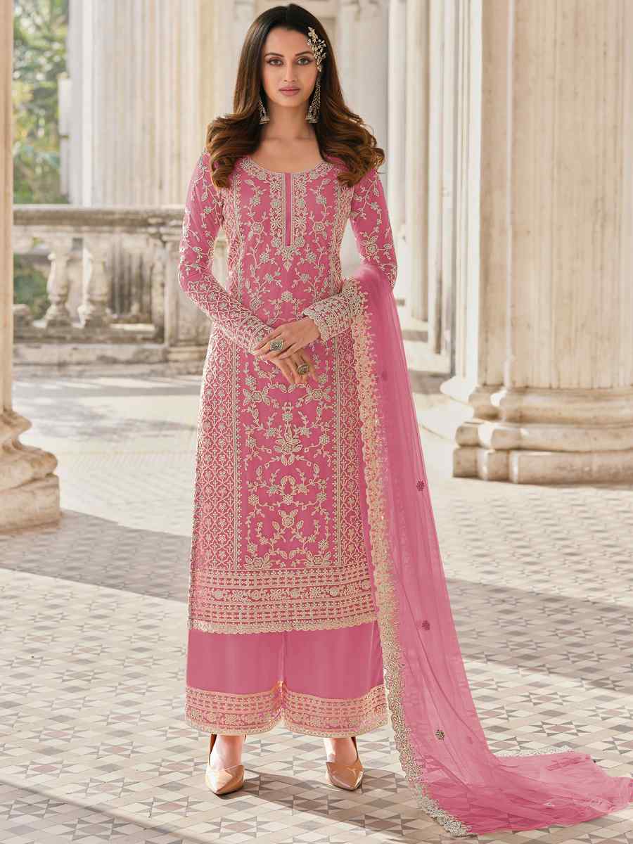Pink Buterfly Net Embroidered Wedding Festival Pant Salwar Kameez