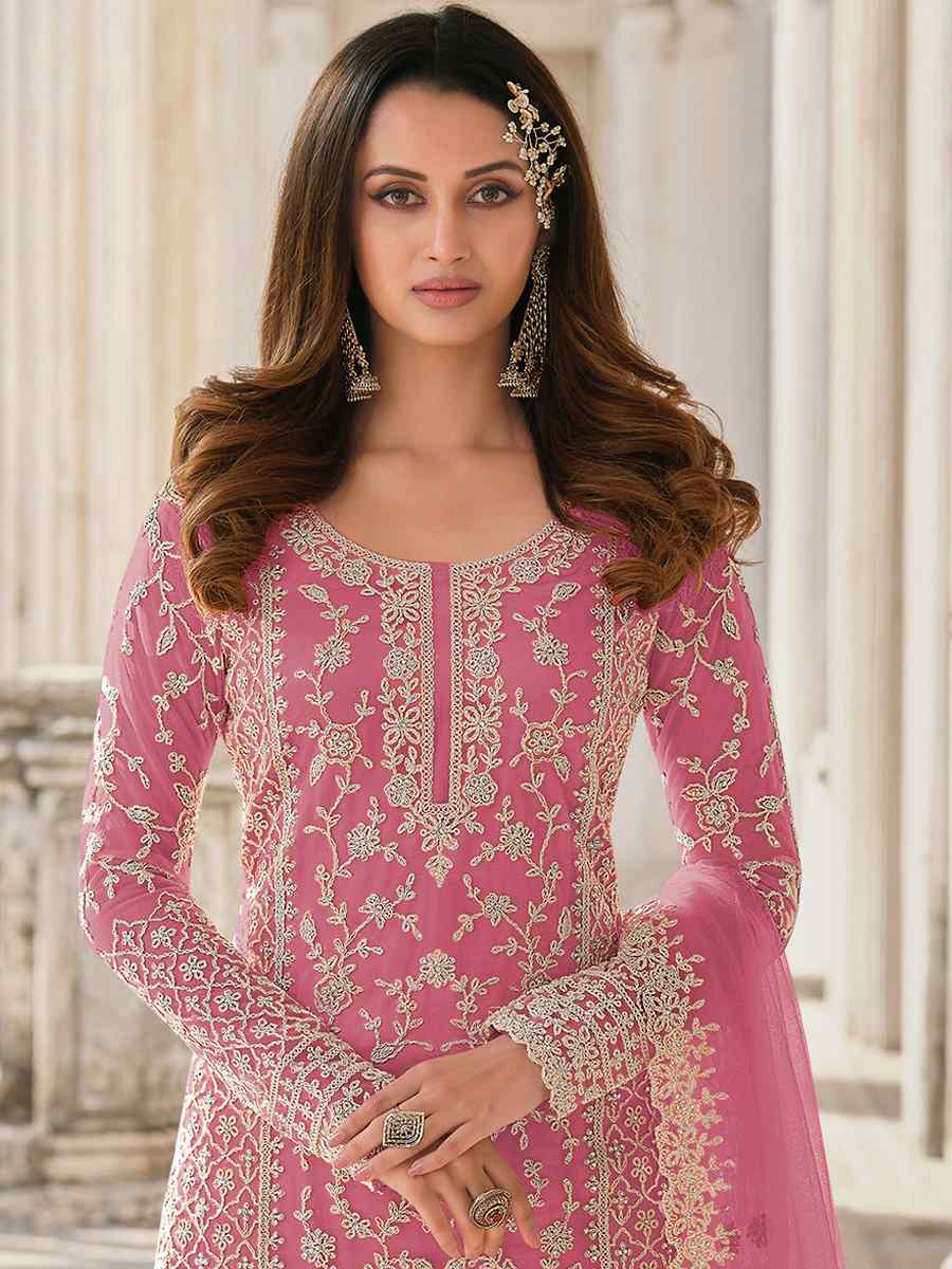 Pink Buterfly Net Embroidered Wedding Festival Pant Salwar Kameez