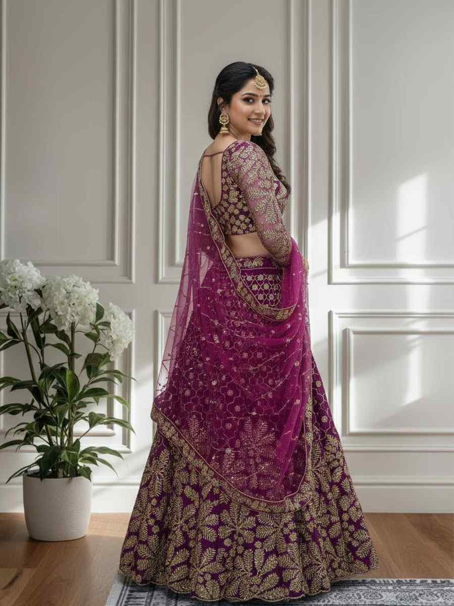 Pink Butterfly Net Embroidered Bridal Wedding Reception Festival Heavy Border Lehenga Choli