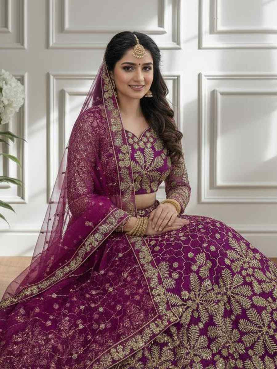 Pink Butterfly Net Embroidered Bridal Wedding Reception Festival Heavy Border Lehenga Choli