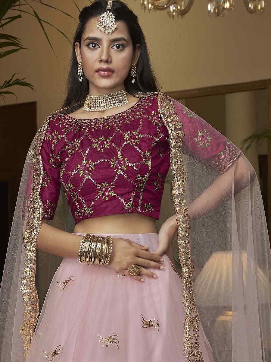 Pink Butterfly Net Embroidered Engagement Wedding Heavy Border Lehenga Choli