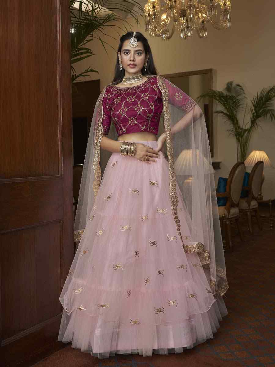 Pink Butterfly Net Embroidered Engagement Wedding Heavy Border Lehenga Choli
