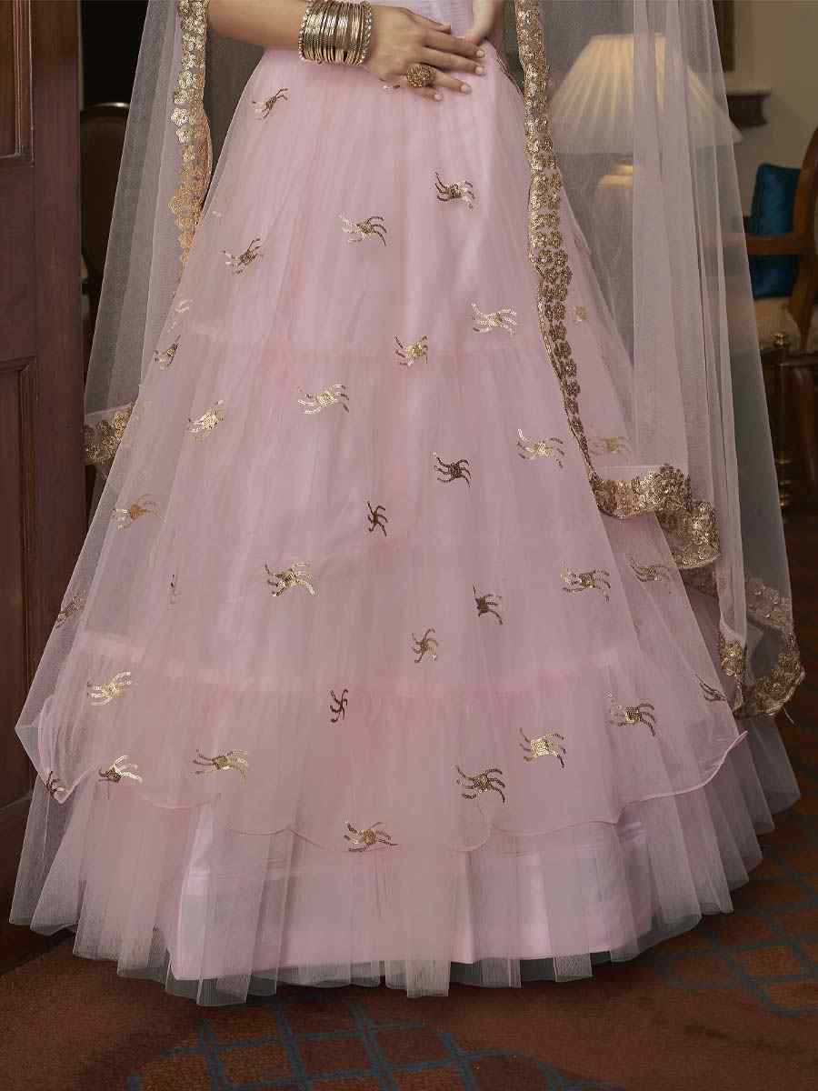 Pink Butterfly Net Embroidered Engagement Wedding Heavy Border Lehenga Choli