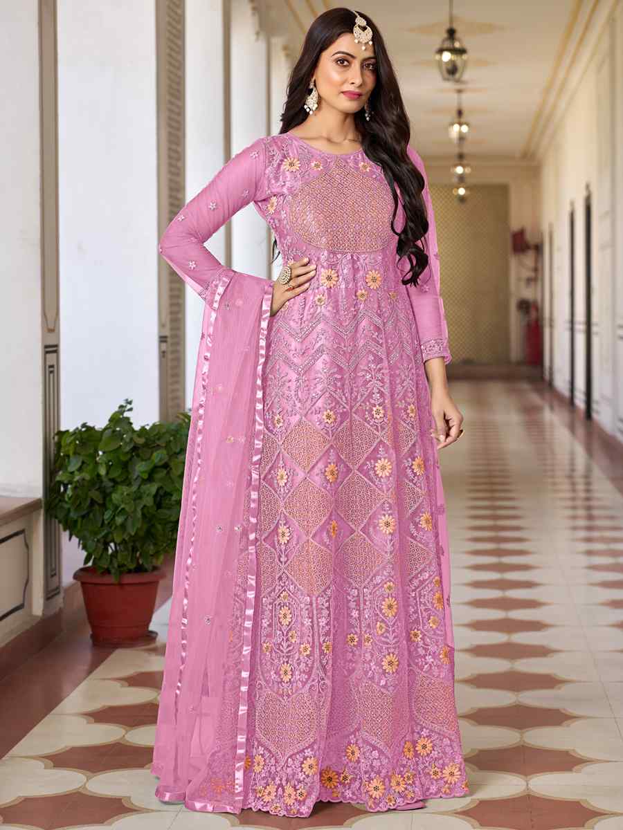 Pink Butterfly Net Embroidered Festival Mehendi Anarkali Salwar Kameez