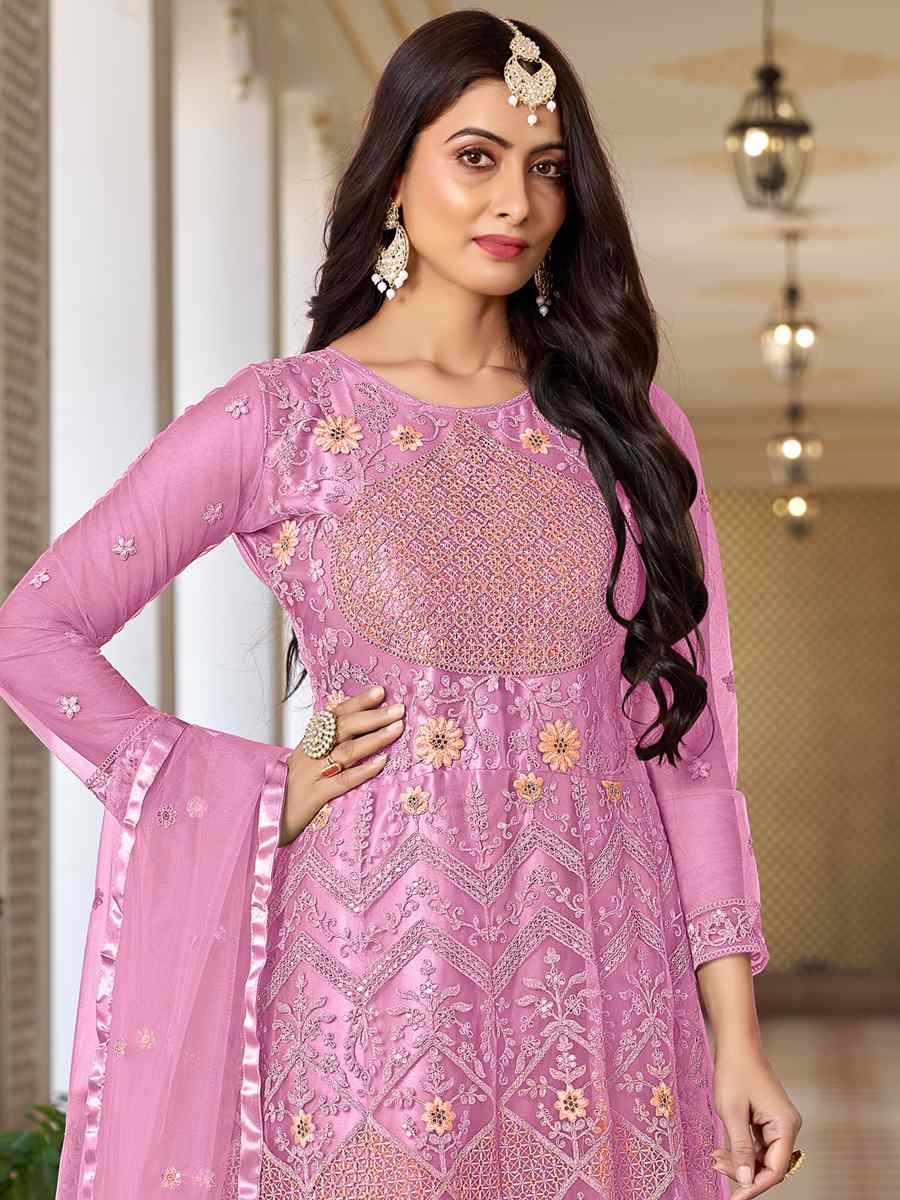 Pink Butterfly Net Embroidered Festival Mehendi Anarkali Salwar Kameez