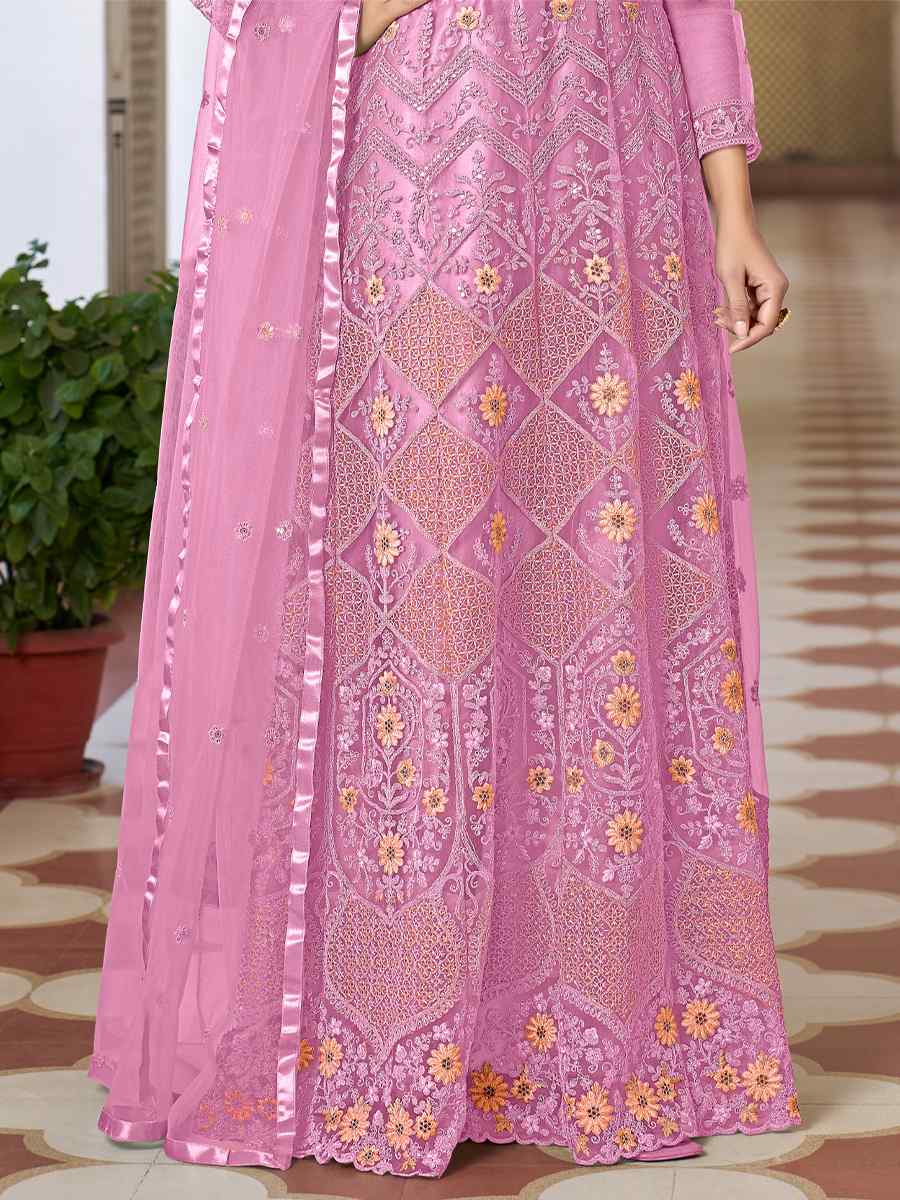 Pink Butterfly Net Embroidered Festival Mehendi Anarkali Salwar Kameez