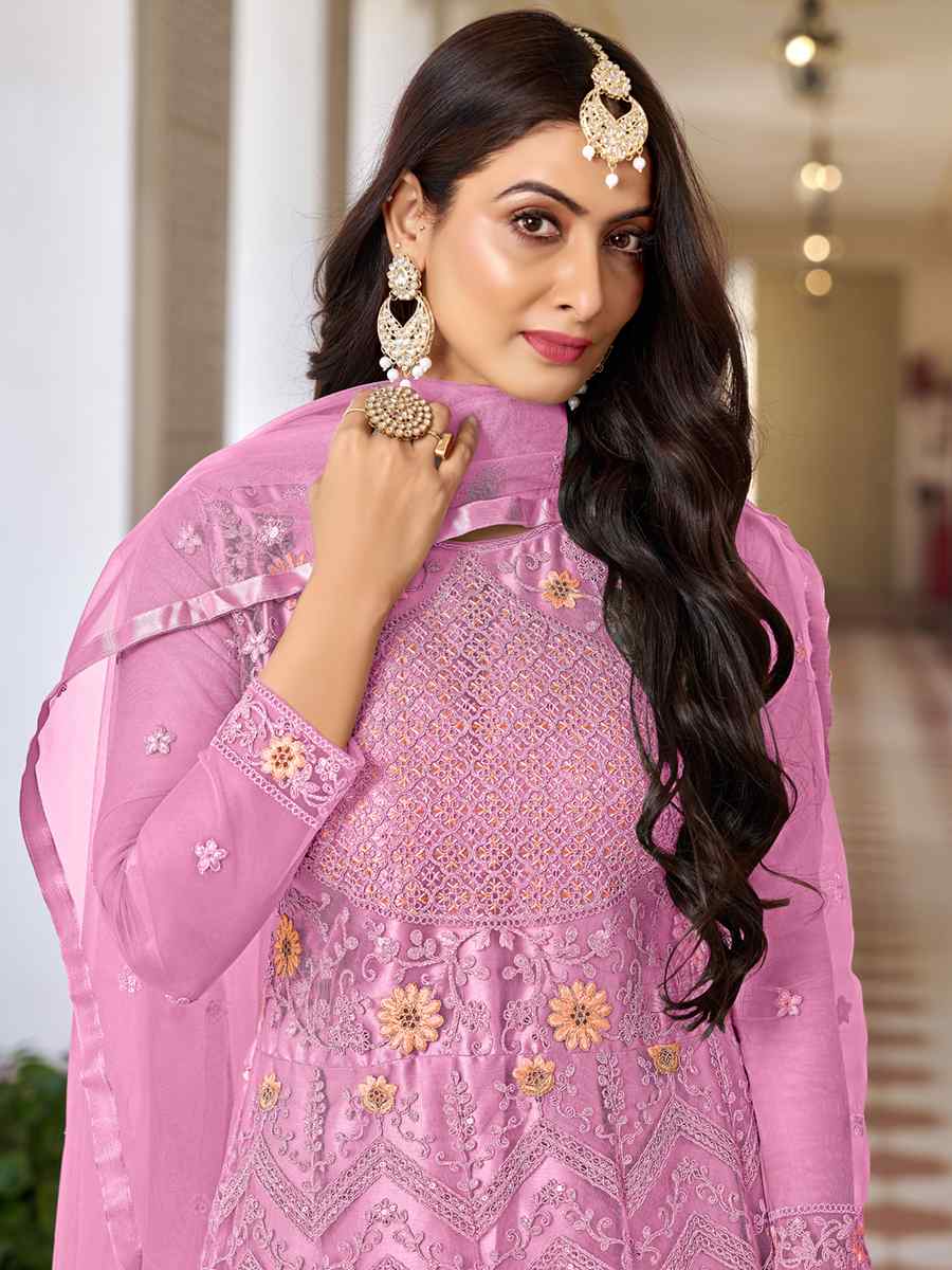 Pink Butterfly Net Embroidered Festival Mehendi Anarkali Salwar Kameez